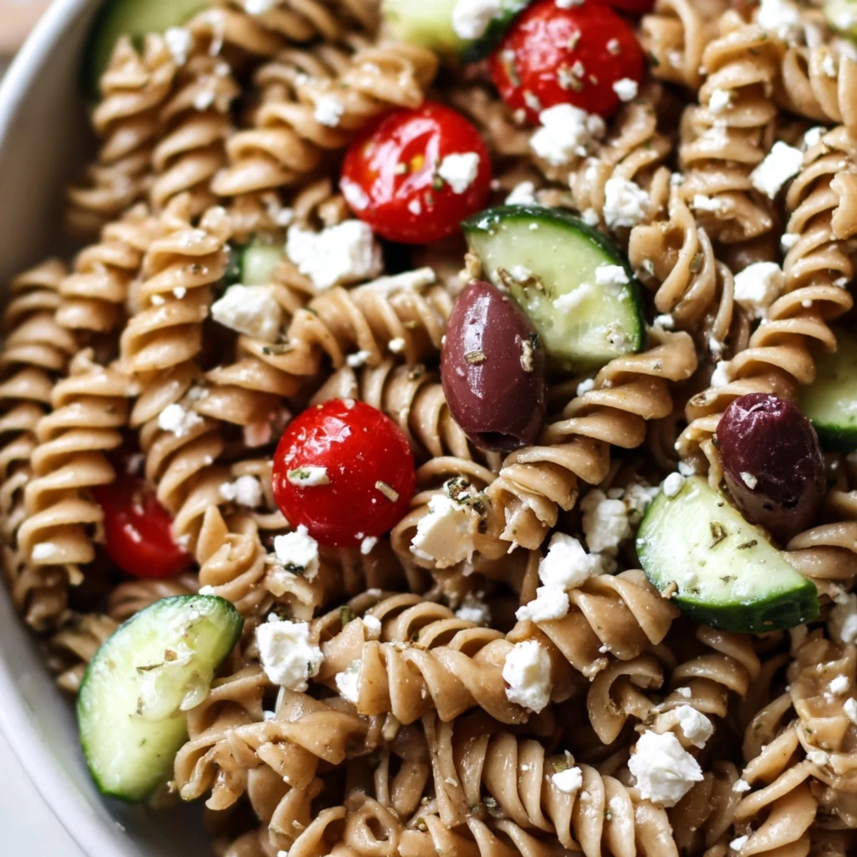 Colorful Greek pasta salad featuring crisp vegetables and tangy feta tossed in zesty herb dressing
