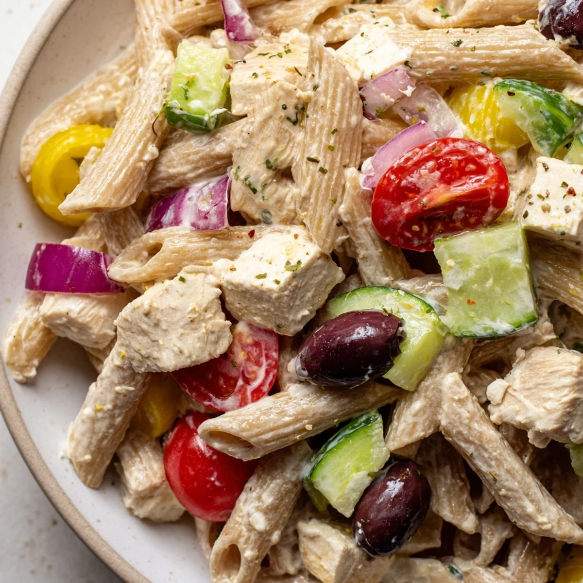 Colorful High Protein Greek Pasta Salad loaded with fresh vegetables, tender chicken, and creamy feta cheese