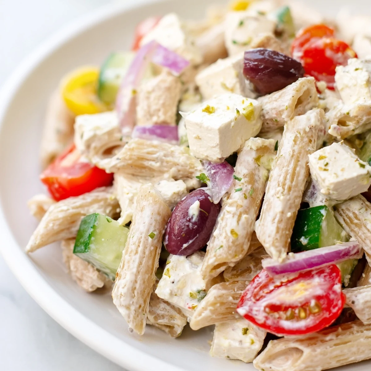 High Protein Greek Pasta Salad in a white bowl featuring juicy tomatoes, crisp cucumber, and olives