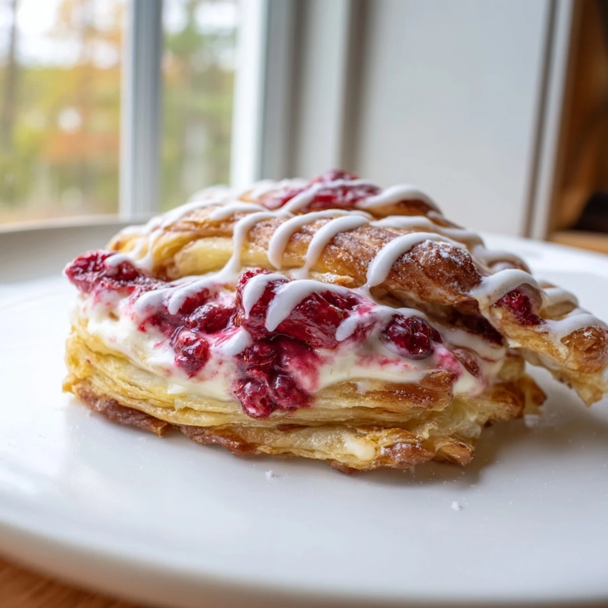 Golden Sourdough Discard Raspberry Cream Cheese Danishes drizzled with sweet vanilla glaze on parchment paper