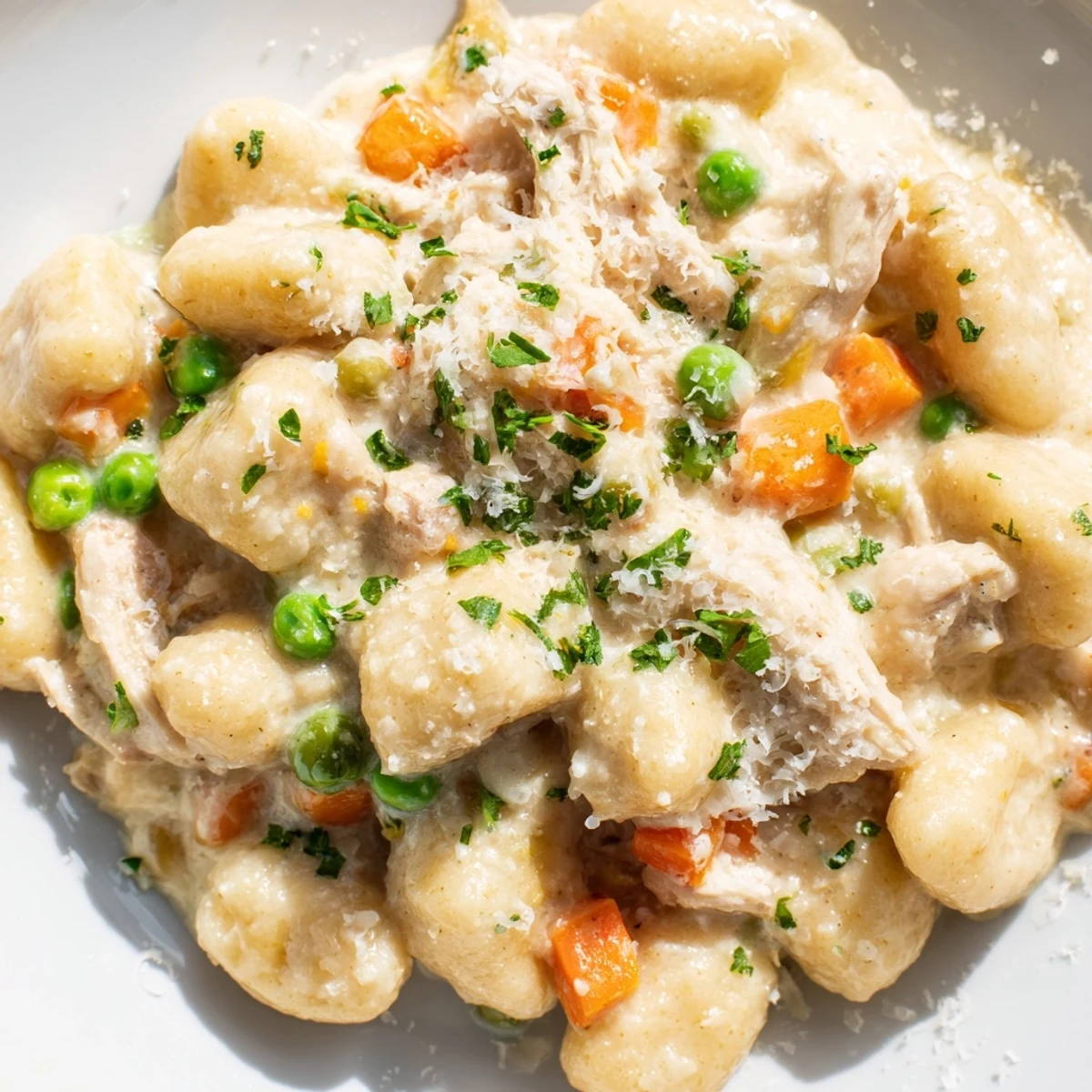 Creamy One Pot Gnocchi Chicken Pot Pie with tender vegetables in a golden skillet