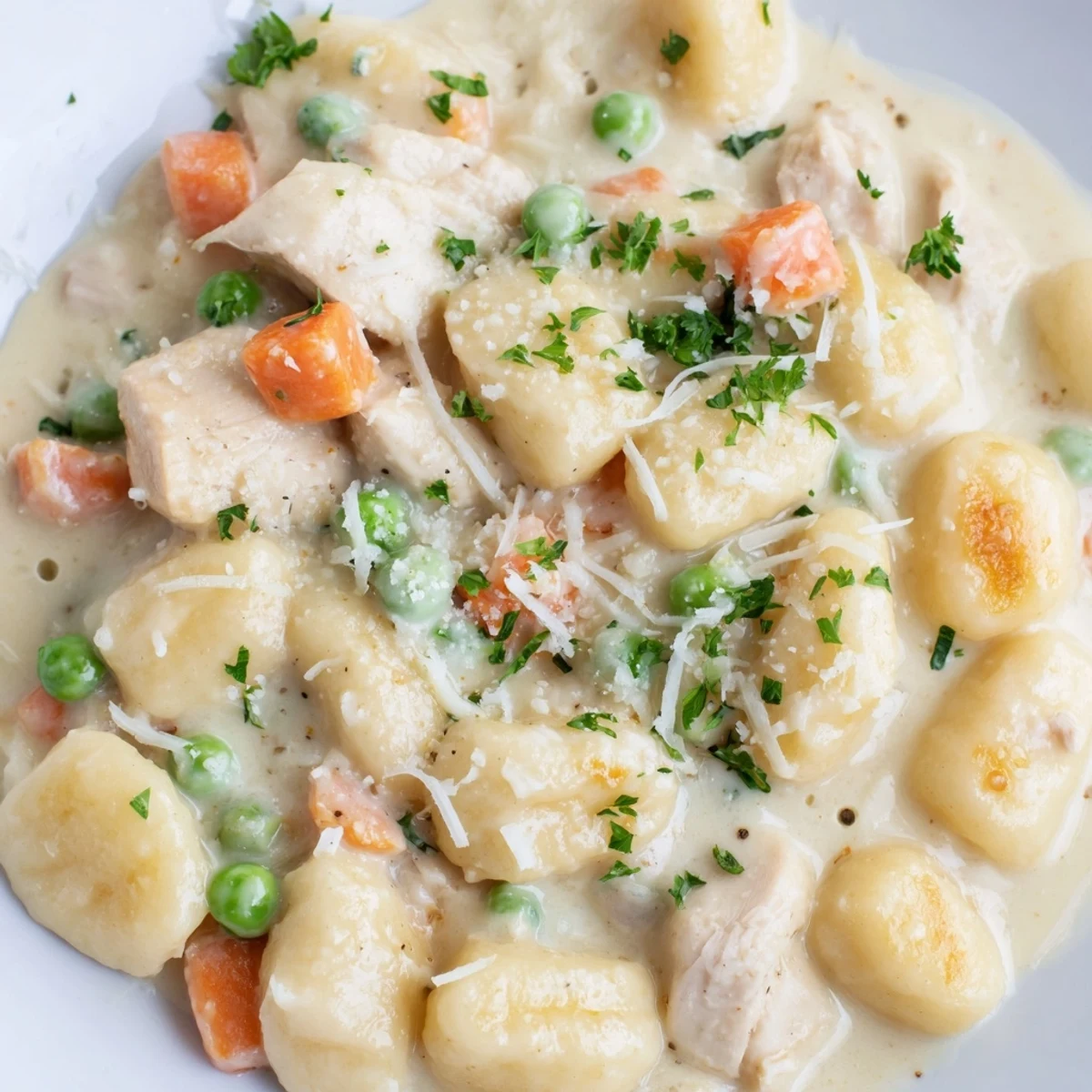 One Pot Gnocchi Chicken Pot Pie topped with fresh parsley and melted Parmesan
