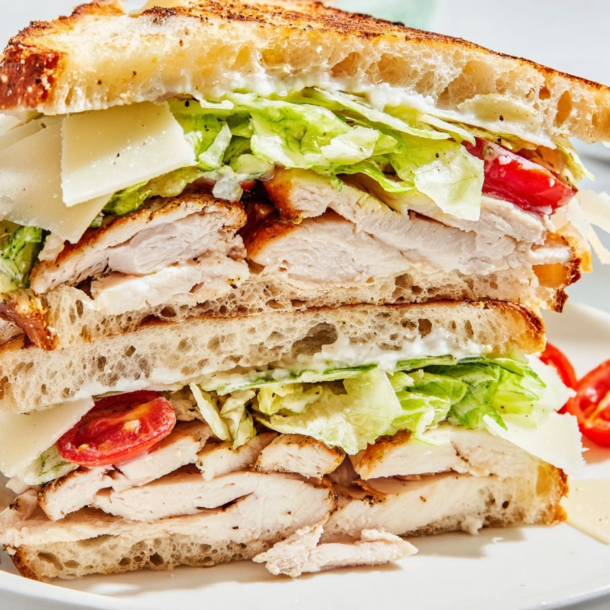 Golden grilled chicken Caesar sandwich on toasted ciabatta with crisp romaine and shaved Parmesan