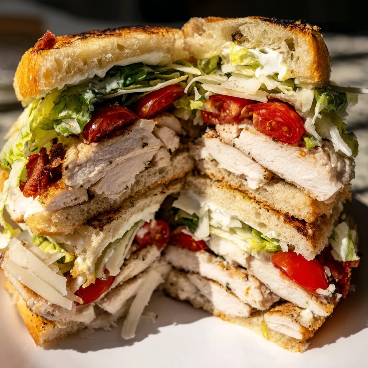 Juicy sliced chicken Caesar sandwich with creamy dressing and fresh lettuce on crusty bun