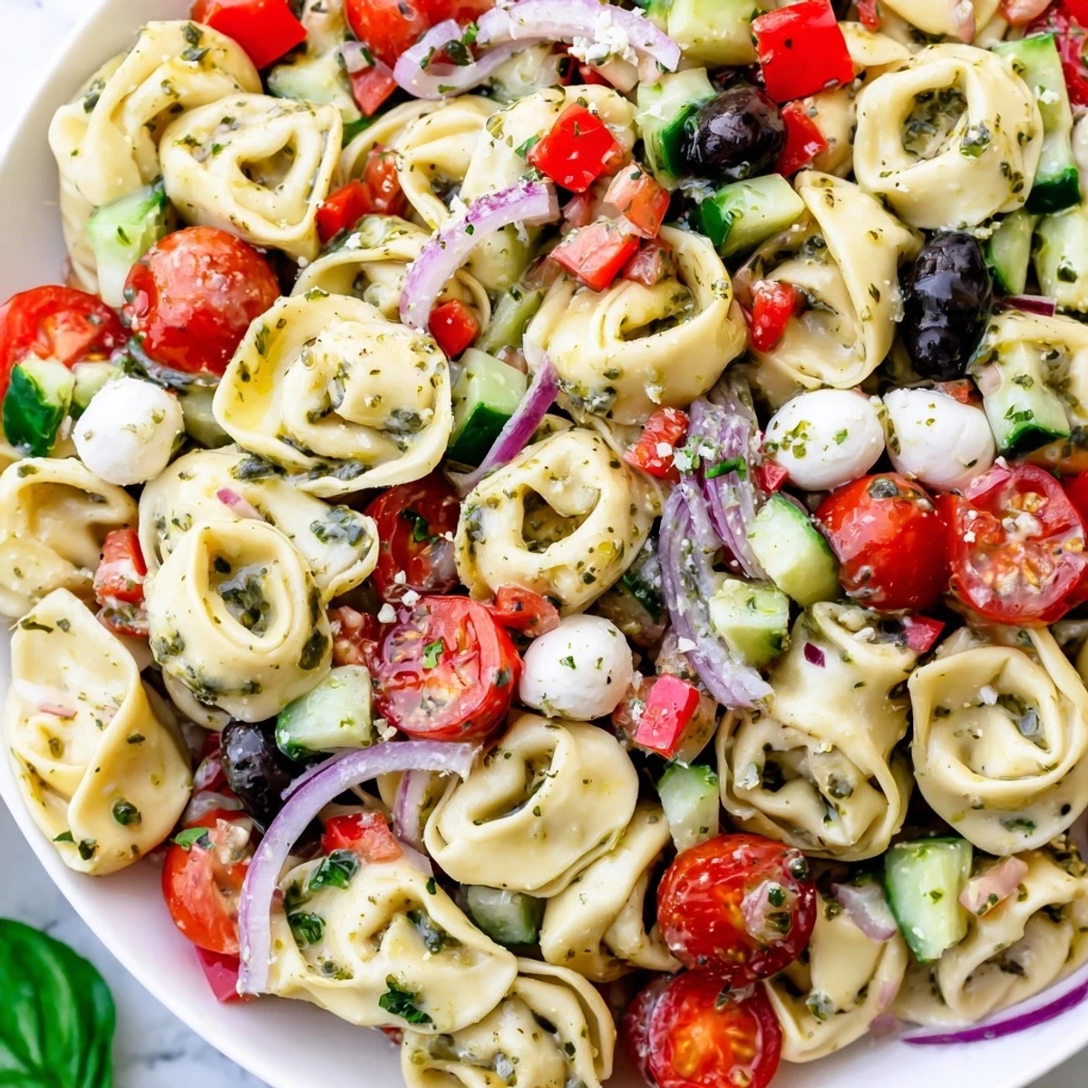Colorful tortellini salad with cherry tomatoes, cucumber, and zesty Italian dressing in a white bowl