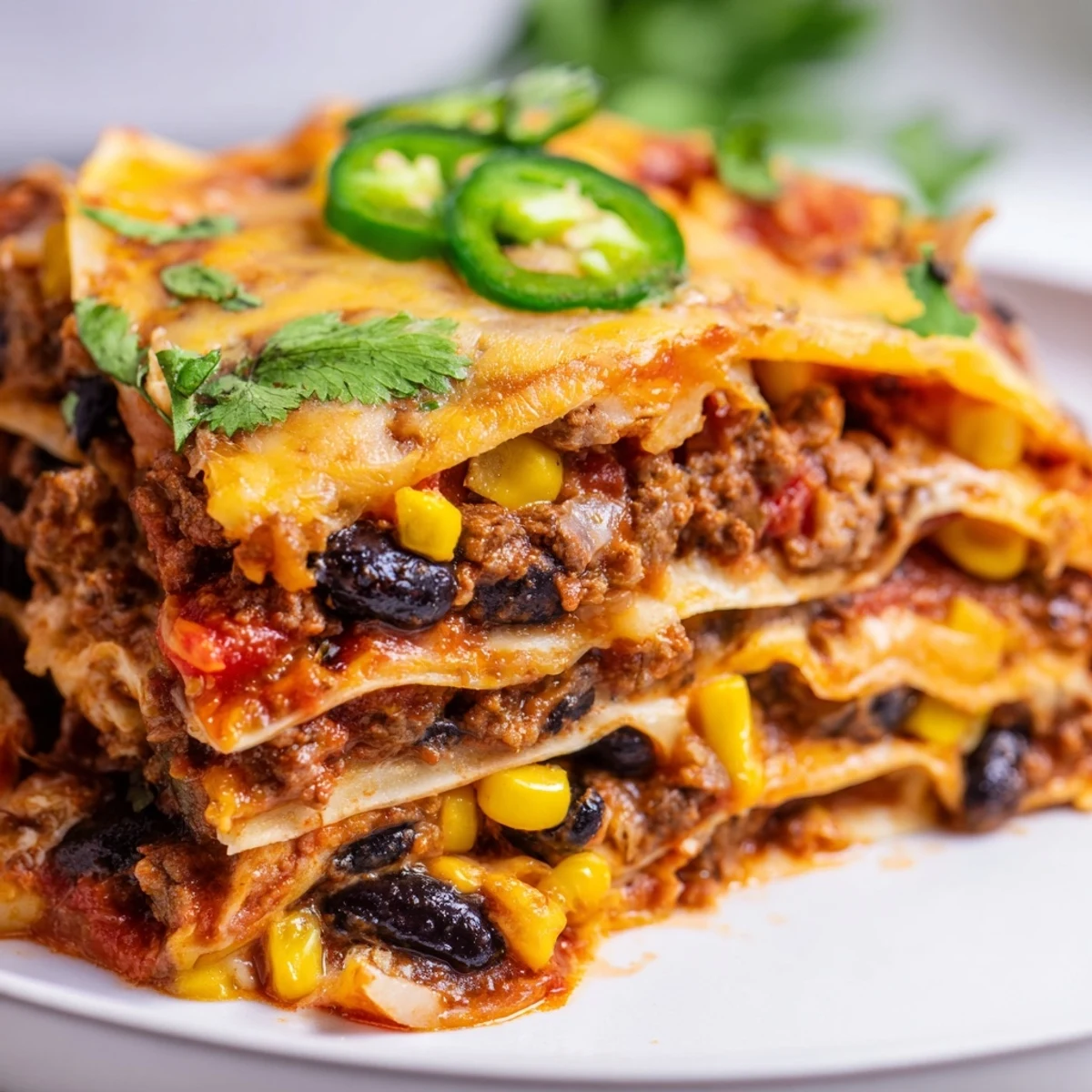 Golden melted cheese tops this hearty Mexican lasagna with seasoned beef and beans bubbling in a baking dish