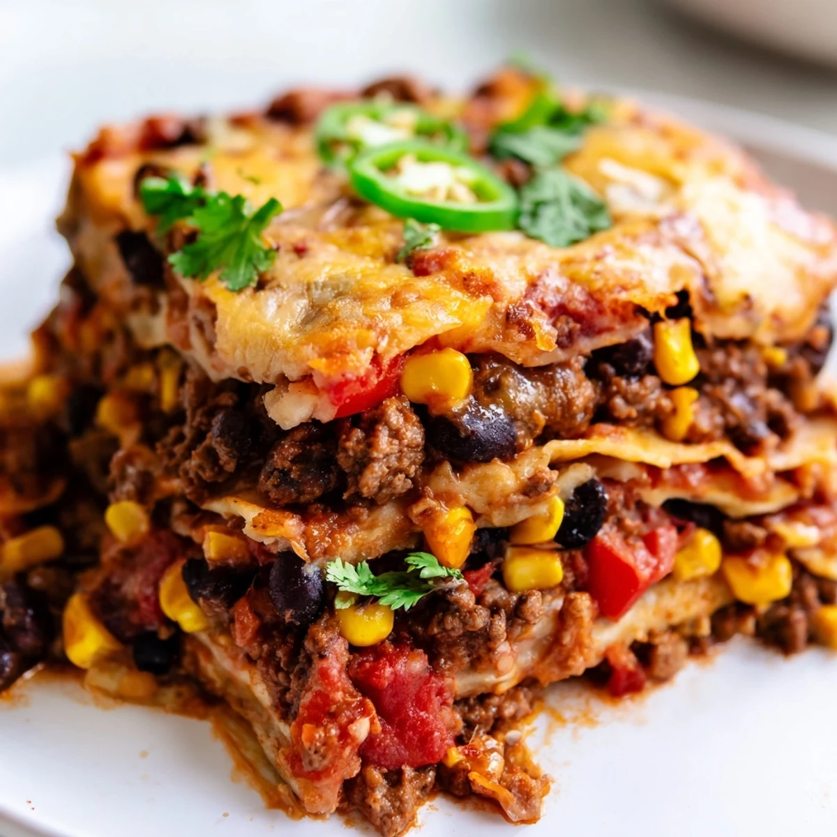 Layers of spiced ground beef tortillas and melted cheese make this Mexican lasagna perfect for weeknight dinners
