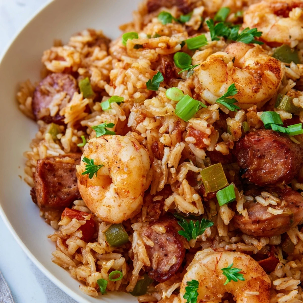Golden shrimp and sausage dirty rice topped with fresh scallions in a cast iron skillet