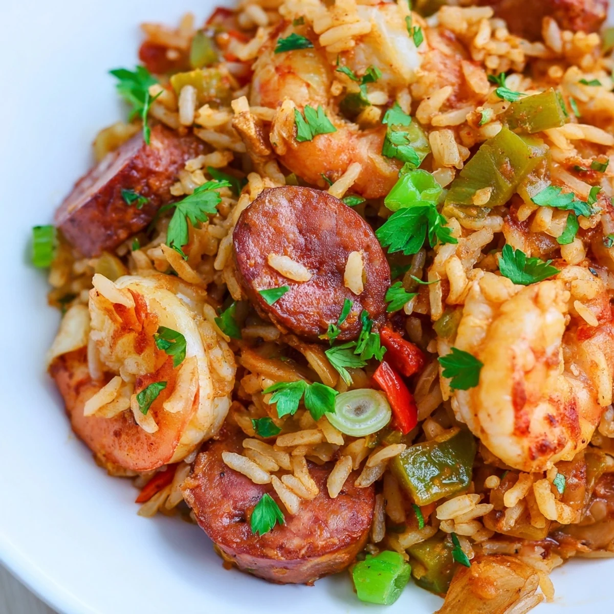 Spicy shrimp and sausage dirty rice served steaming on a white ceramic dinner plate