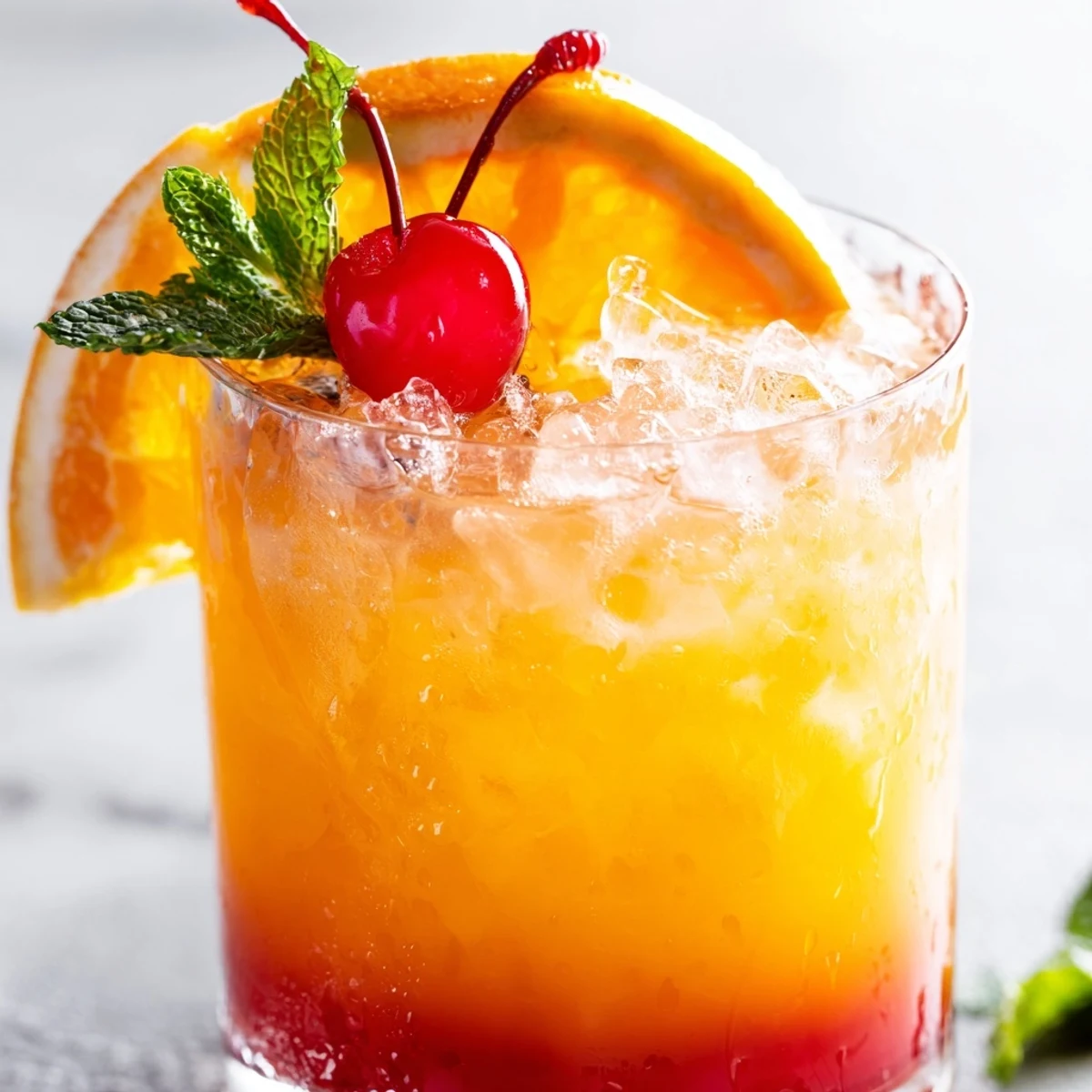 Non Alcoholic Mai Tai in a rocks glass with orange slice, cherry, and crushed ice