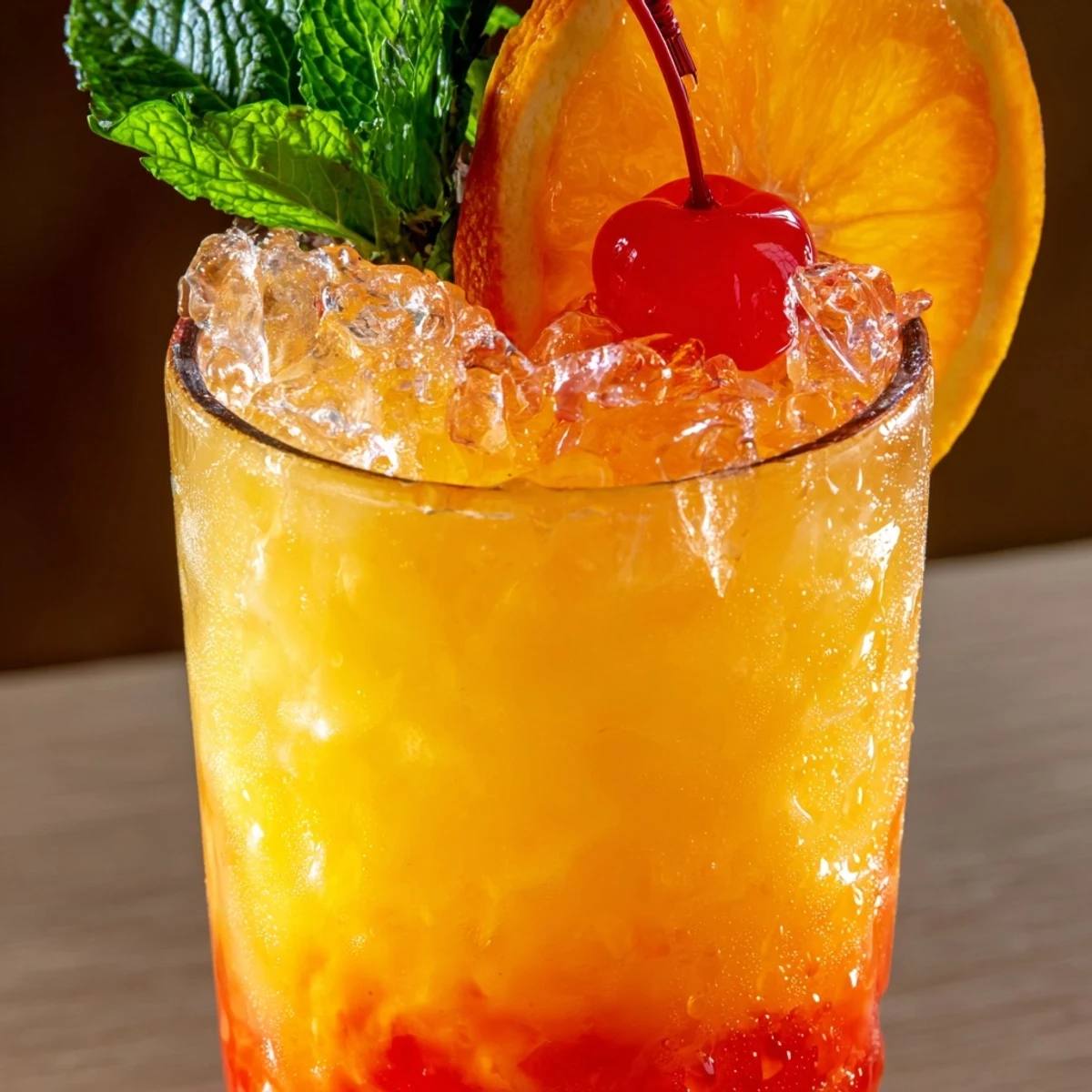 Golden Non Alcoholic Mai Tai garnished with fresh mint and bright red maraschino cherry
