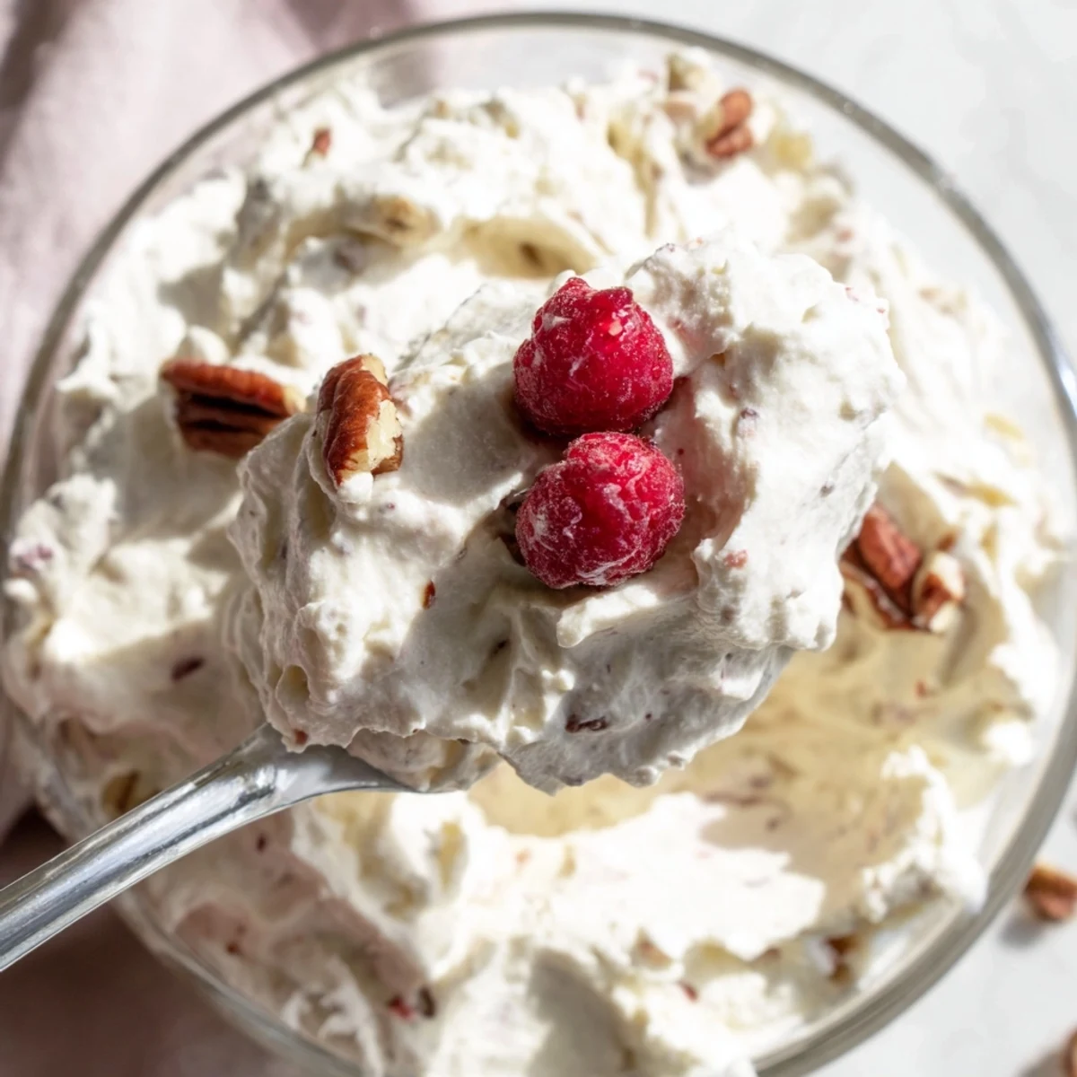 Creamy keto cheesecake fluff piled high in a glass with fresh red berries on top