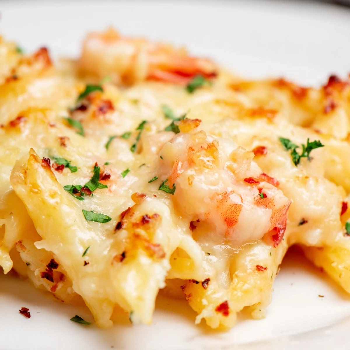 Golden bubbling shrimp scampi pasta bake with melted mozzarella and fresh parsley garnish