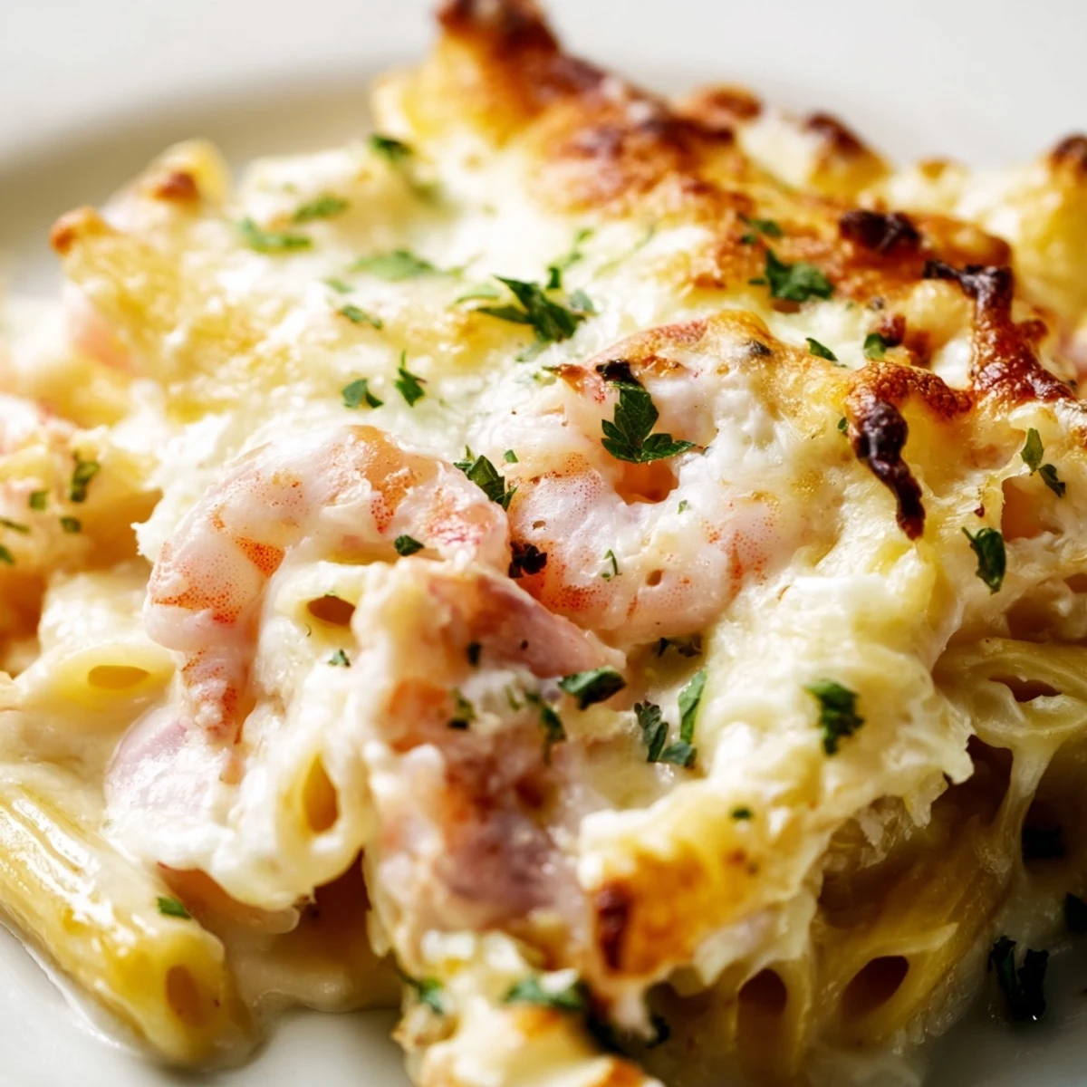 Creamy shrimp scampi pasta bake topped with crispy parmesan crust in white baking dish
