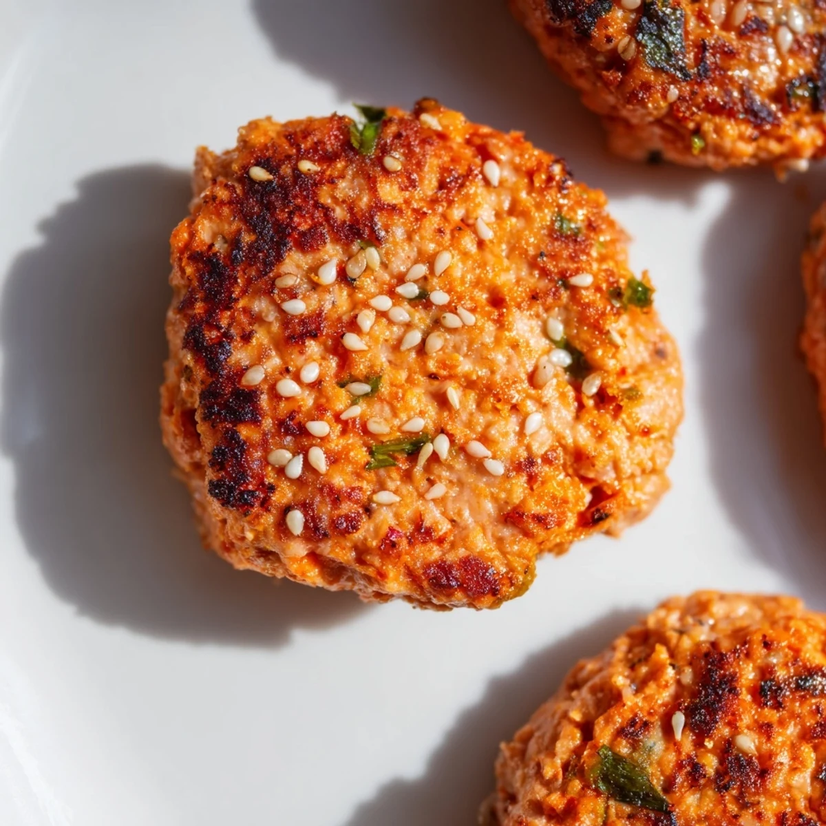 Crispy golden Harissa Sesame Salmon Patties sizzling in a skillet with toasted sesame seed garnish