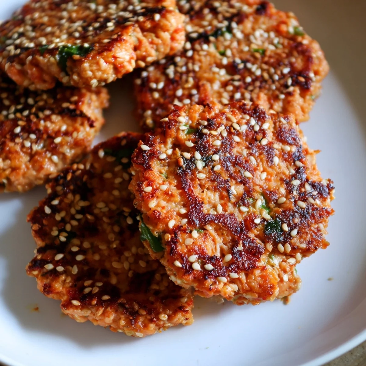 Spicy Harissa Sesame Salmon Patties served on a white plate with fresh cilantro and lemon wedges