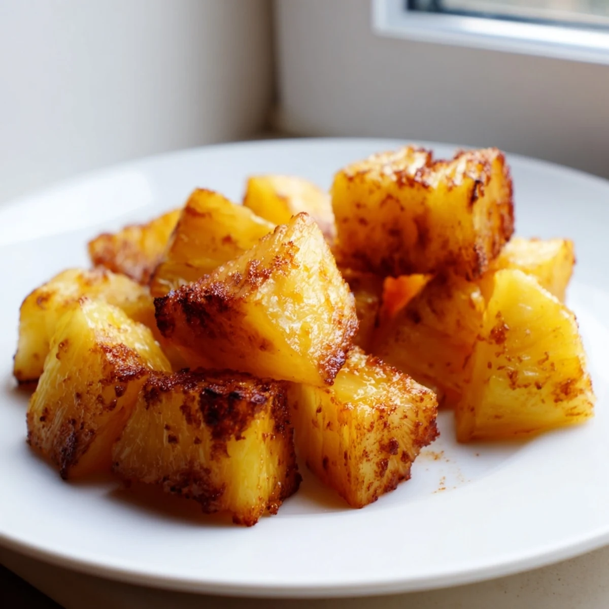 Golden air fryer pineapple chunks with caramelized edges served warm in a bowl