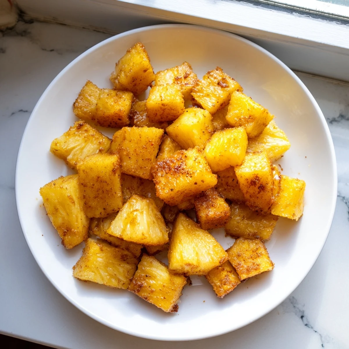 Air fryer pineapple chunks crispy on the edges topped over creamy yogurt