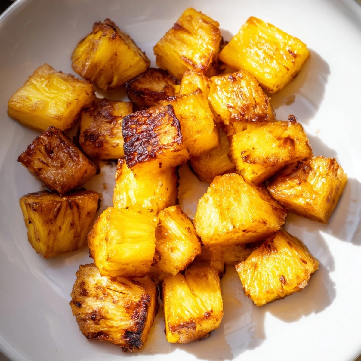 Cinnamon-dusted air fryer pineapple chunks glistening with brown sugar on a plate