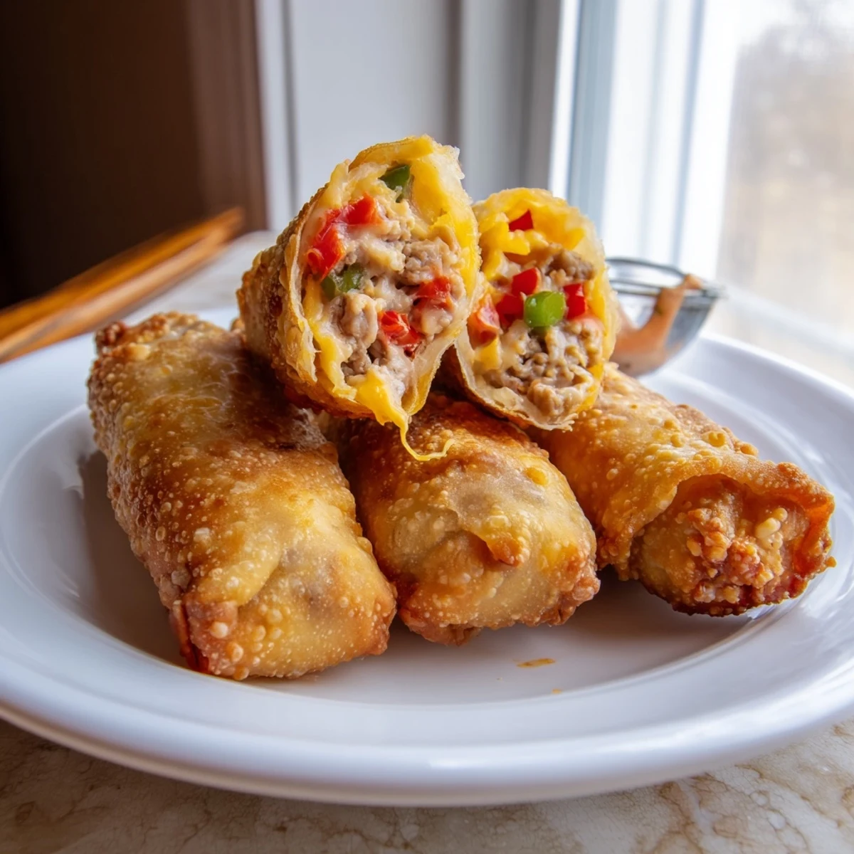 Golden crispy voodoo egg rolls served hot with spicy remoulade dipping sauce on a rustic plate