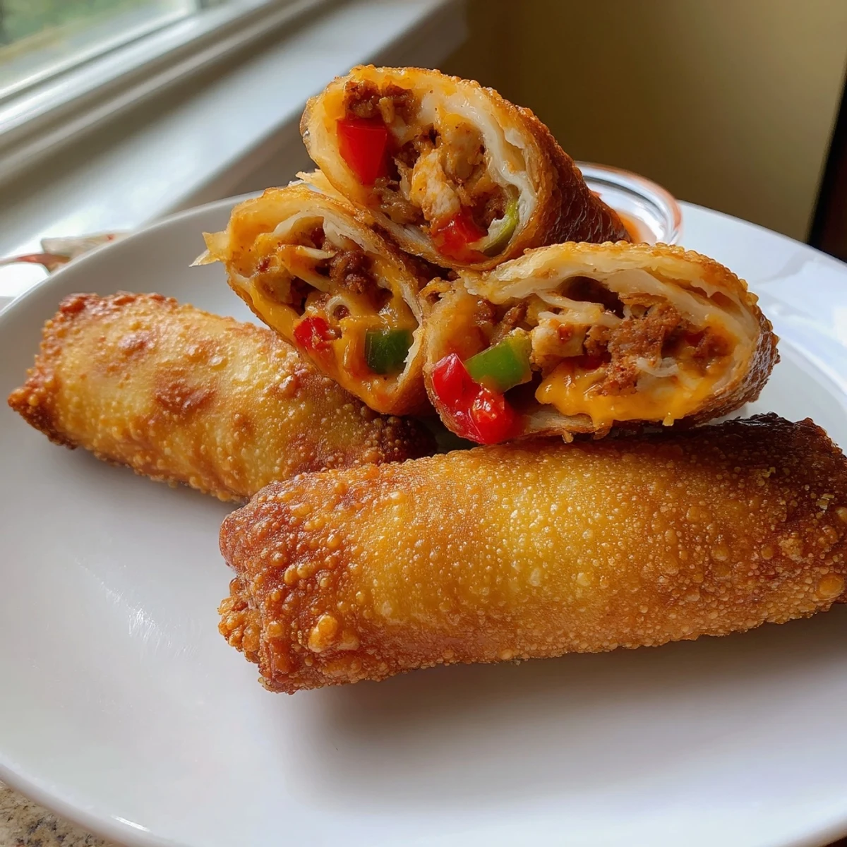 Plate of freshly fried voodoo egg rolls alongside vibrant bell pepper and celery Cajun filling