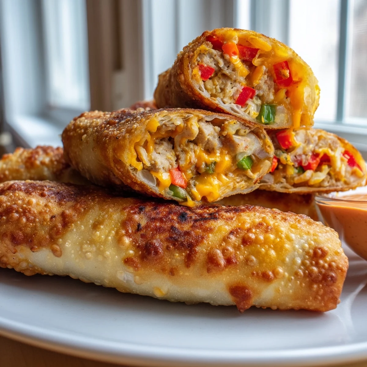 Close-up of crunchy voodoo egg rolls bursting with smoky andouille sausage and melted cheddar cheese