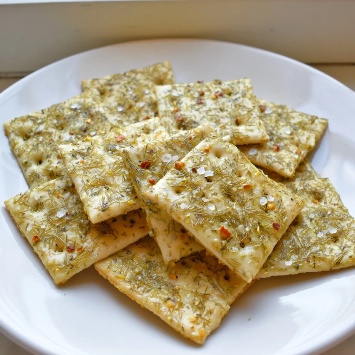 Golden dill pickle saltines arranged on parchment paper with flecks of green herbs visible