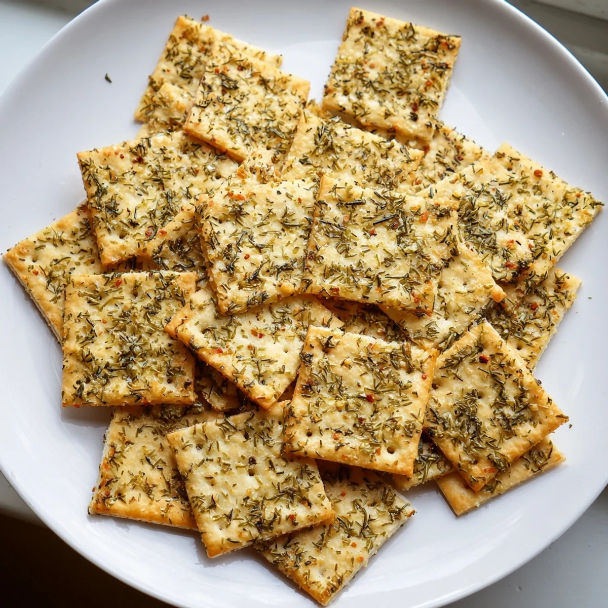 Crispy dill pickle saltines coated in a buttery herb mixture fresh from the oven