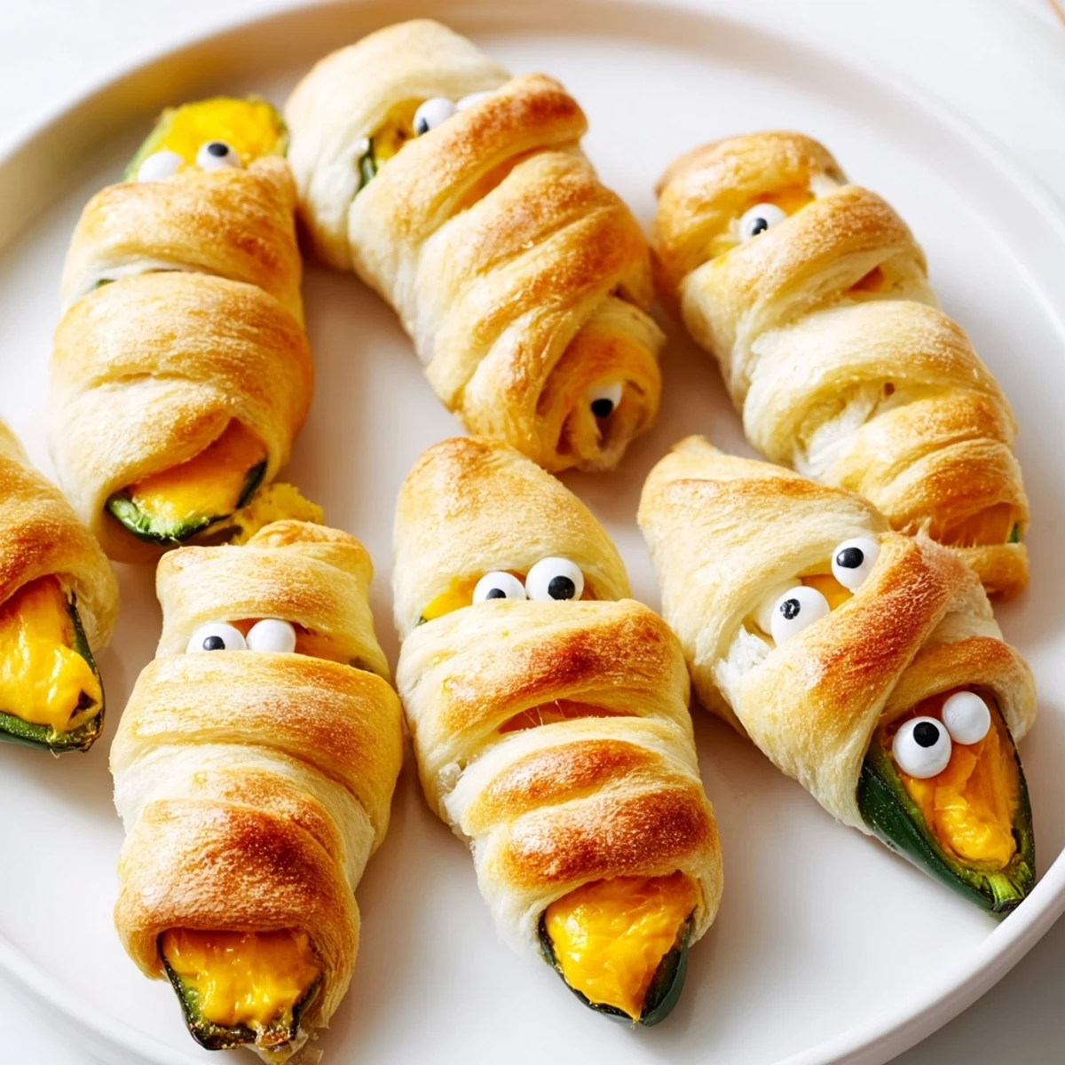 Crispy golden Mummy Jalapeno Poppers with gooey cheese filling and cute candy eyes on a rustic baking sheet