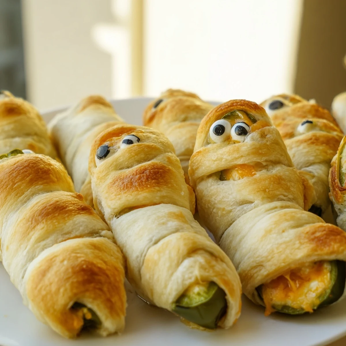 Creepy Mummy Jalapeno Poppers fresh from the oven, wrapped in flaky crescent dough bandages with olive eyes
