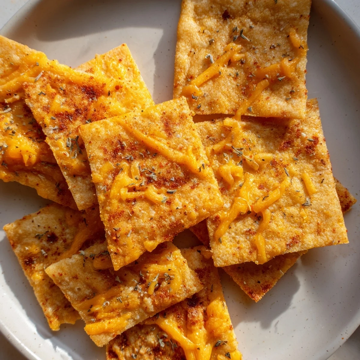 Golden taco crackers topped with melted cheddar and dried oregano on a parchment-lined baking sheet