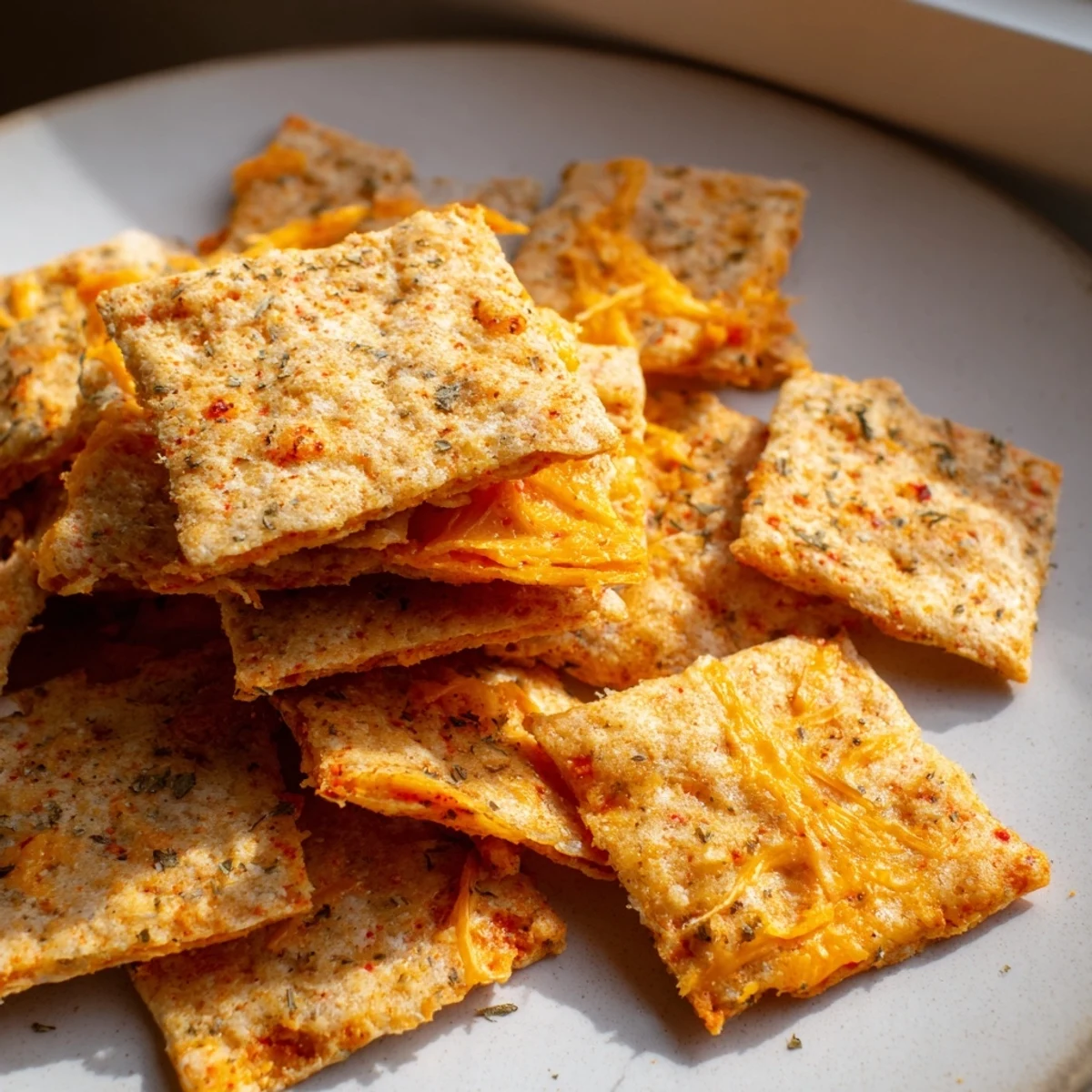 Crunchy baked taco crackers arranged on a rustic board beside fresh salsa and guacamole
