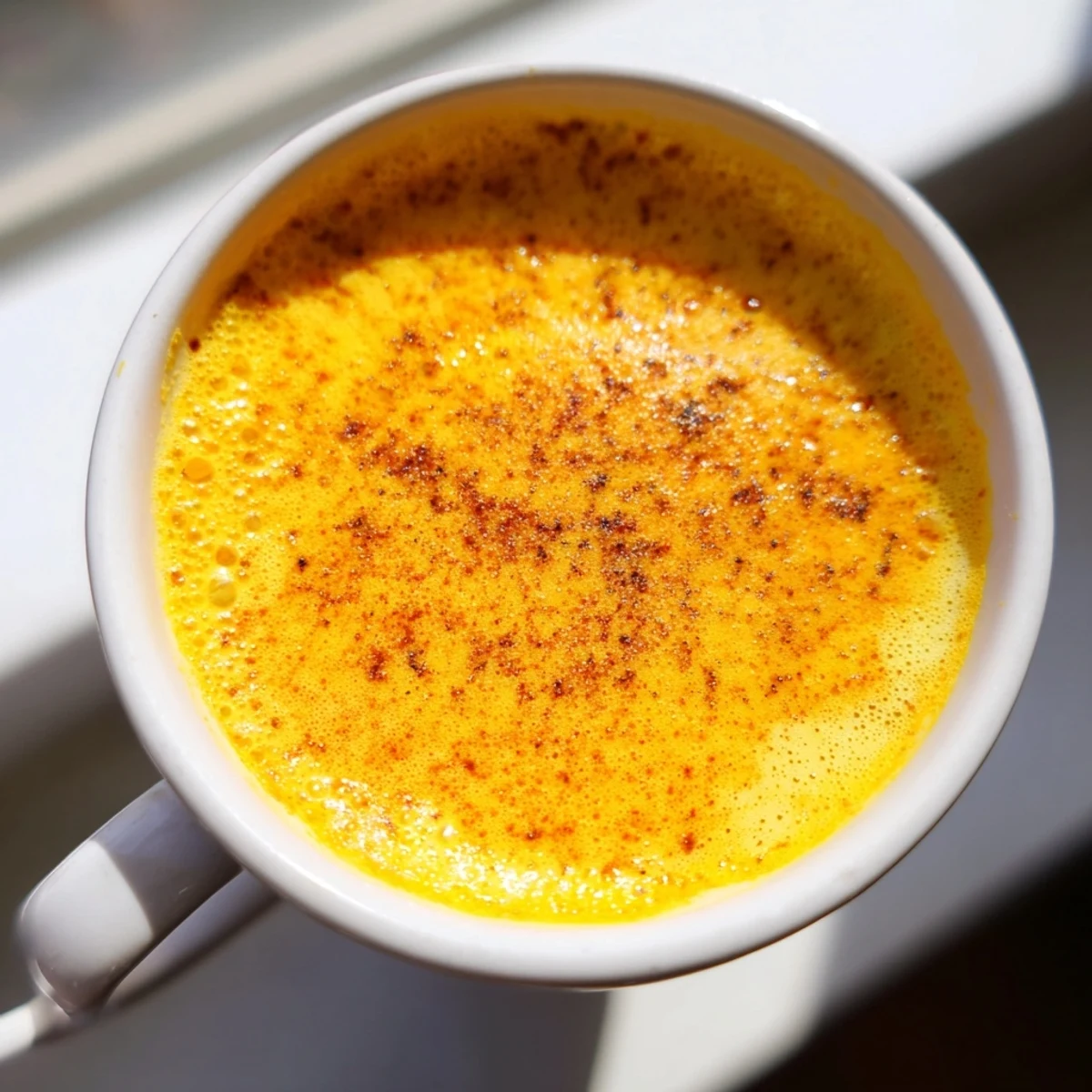 Thick Korean sweet potato latte poured into a glass, topped with foamy milk