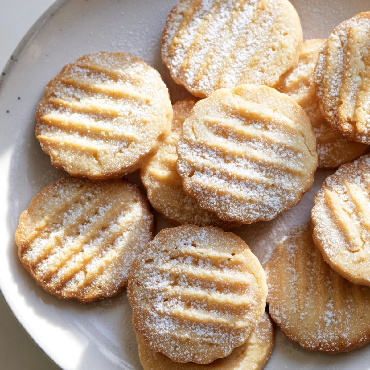 Golden Grandma's Secret Butter Cookies dusted with powdered sugar on a rustic wooden board