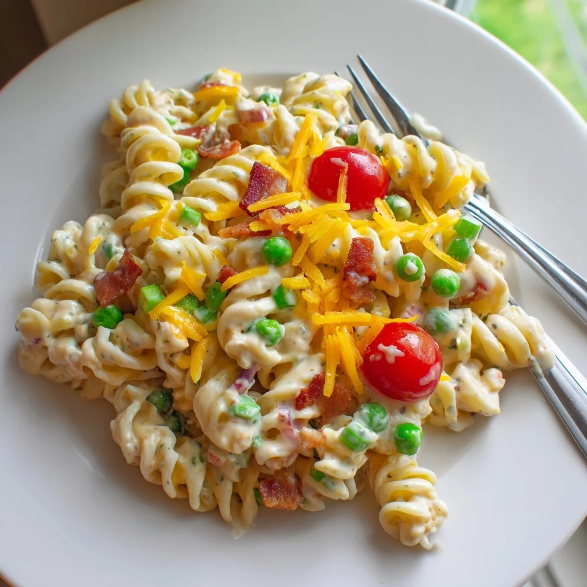 Colorful addictive crack pasta salad in a bowl with ranch dressing and crunchy veggies