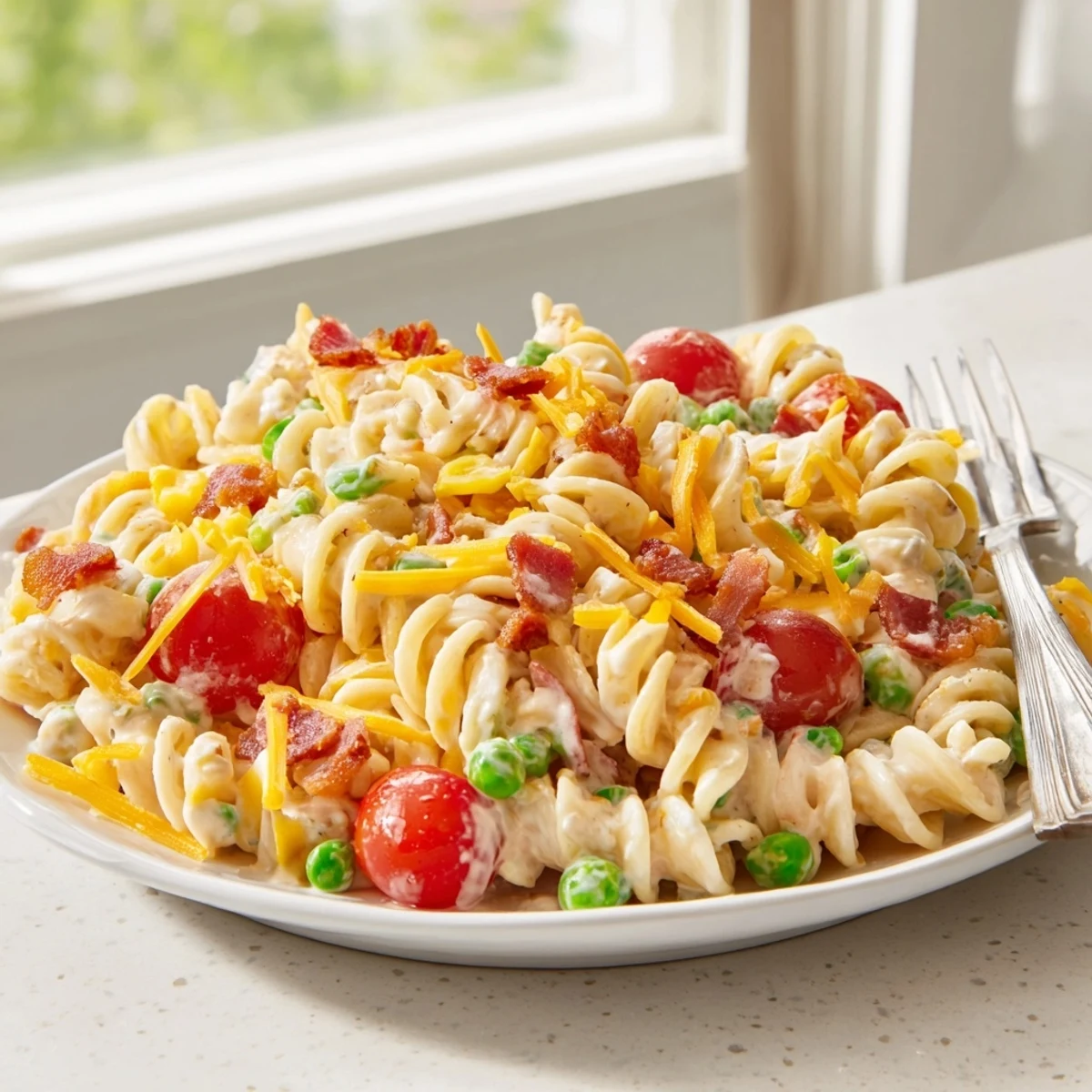 A chilled serving of addictive crack pasta salad with diced bell peppers and green onions