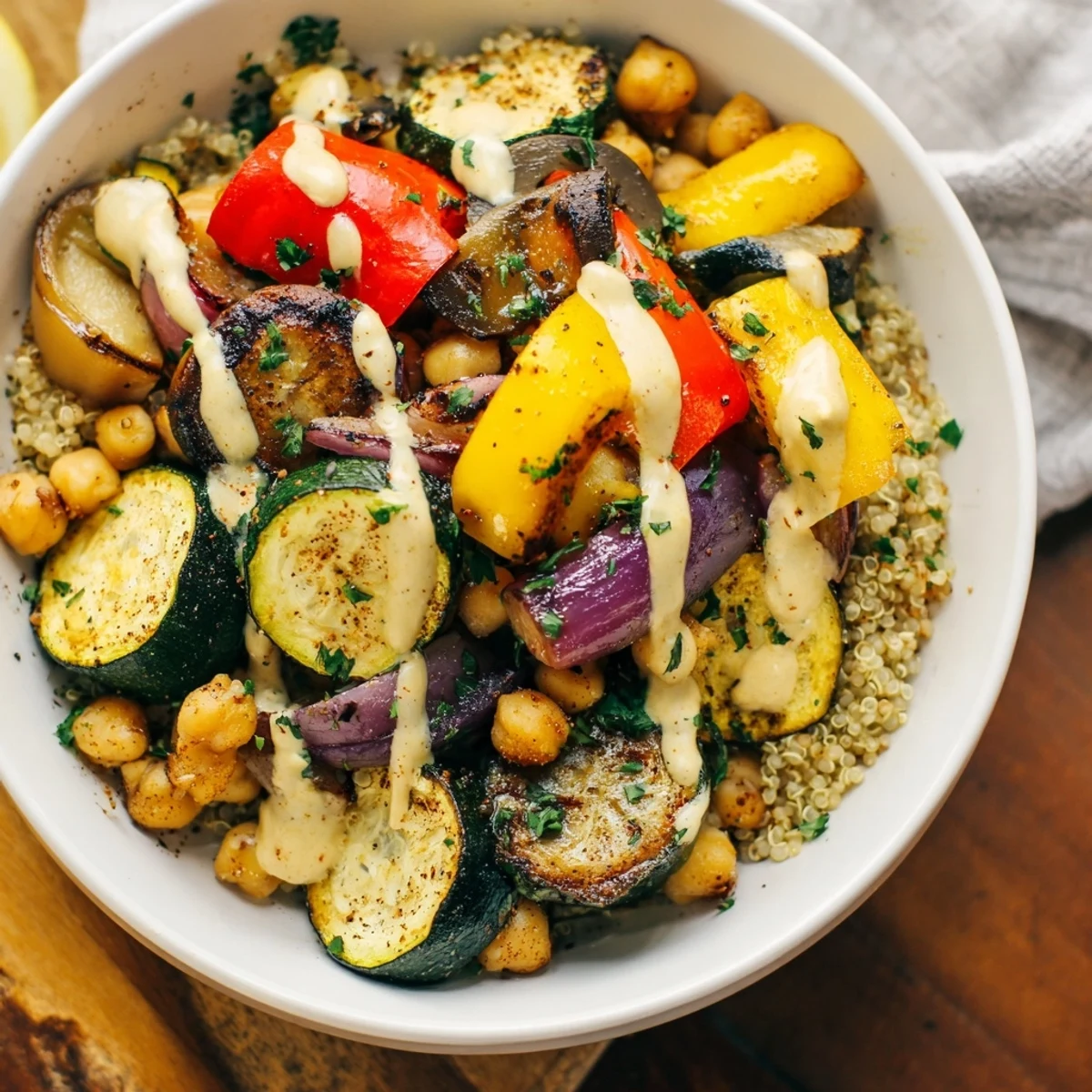 Golden roasted zucchini, eggplant, and chickpeas in a vegan Mediterranean roasted vegetables bowl drizzled with creamy tahini dressing.