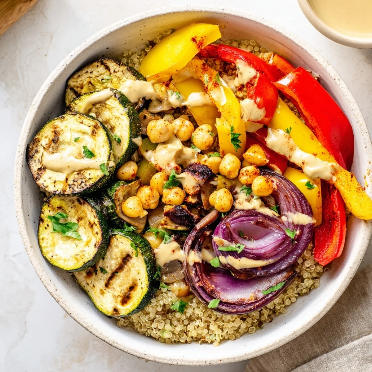 Crispy-edged roasted vegetables and chickpeas served over quinoa in this comforting vegan Mediterranean roasted vegetables bowl with fresh parsley.
