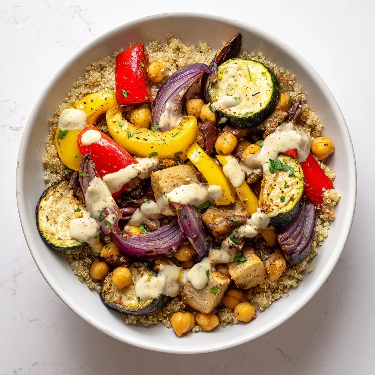 A warm vegan Mediterranean roasted vegetables bowl topped with charred bell peppers, olives, and a bright lemon tahini drizzle.