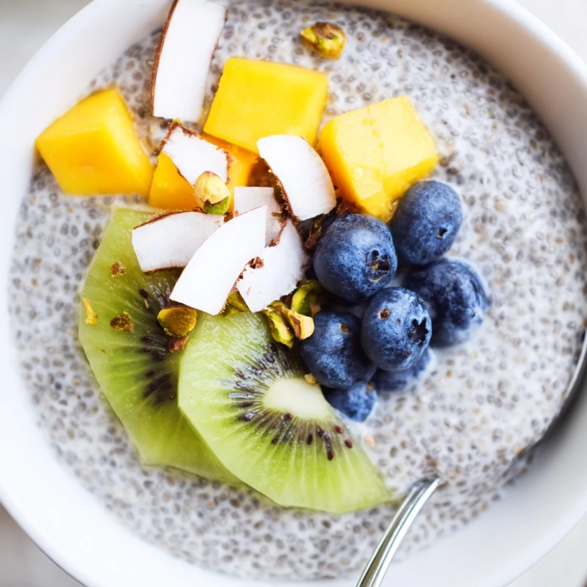 Silky Coconut Chia Pudding chilled overnight, garnished with berries and almonds