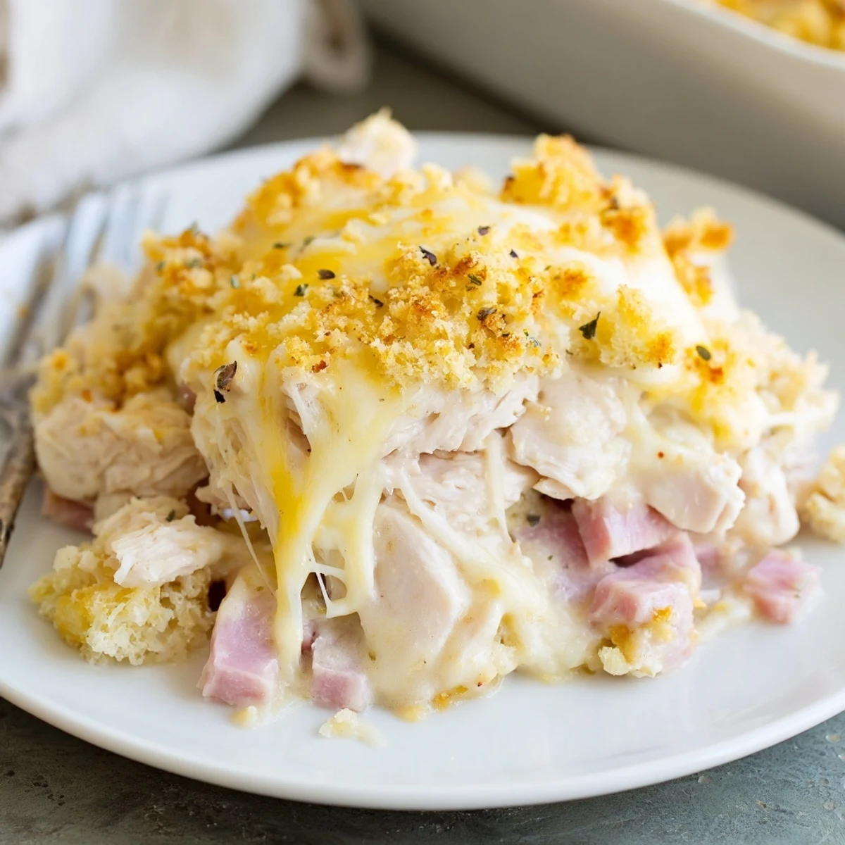 Baked to golden perfection, Chicken Cordon Bleu Casserole rests beside crisp salad