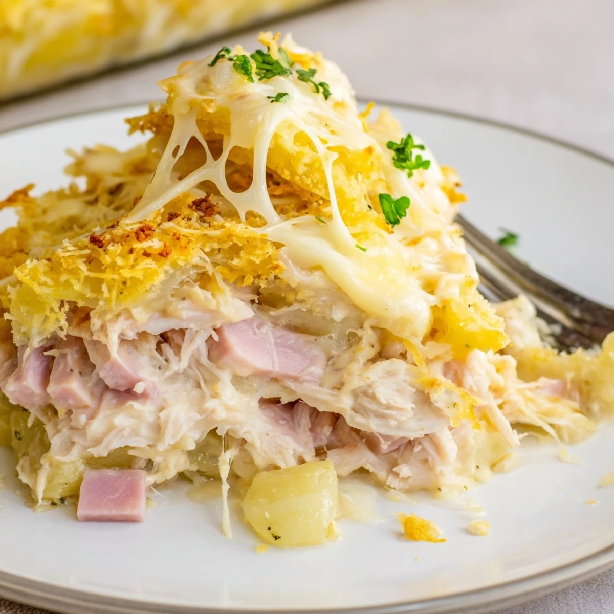 Creamy Dijon sauce coats shredded chicken and ham in Chicken Cordon Bleu Casserole