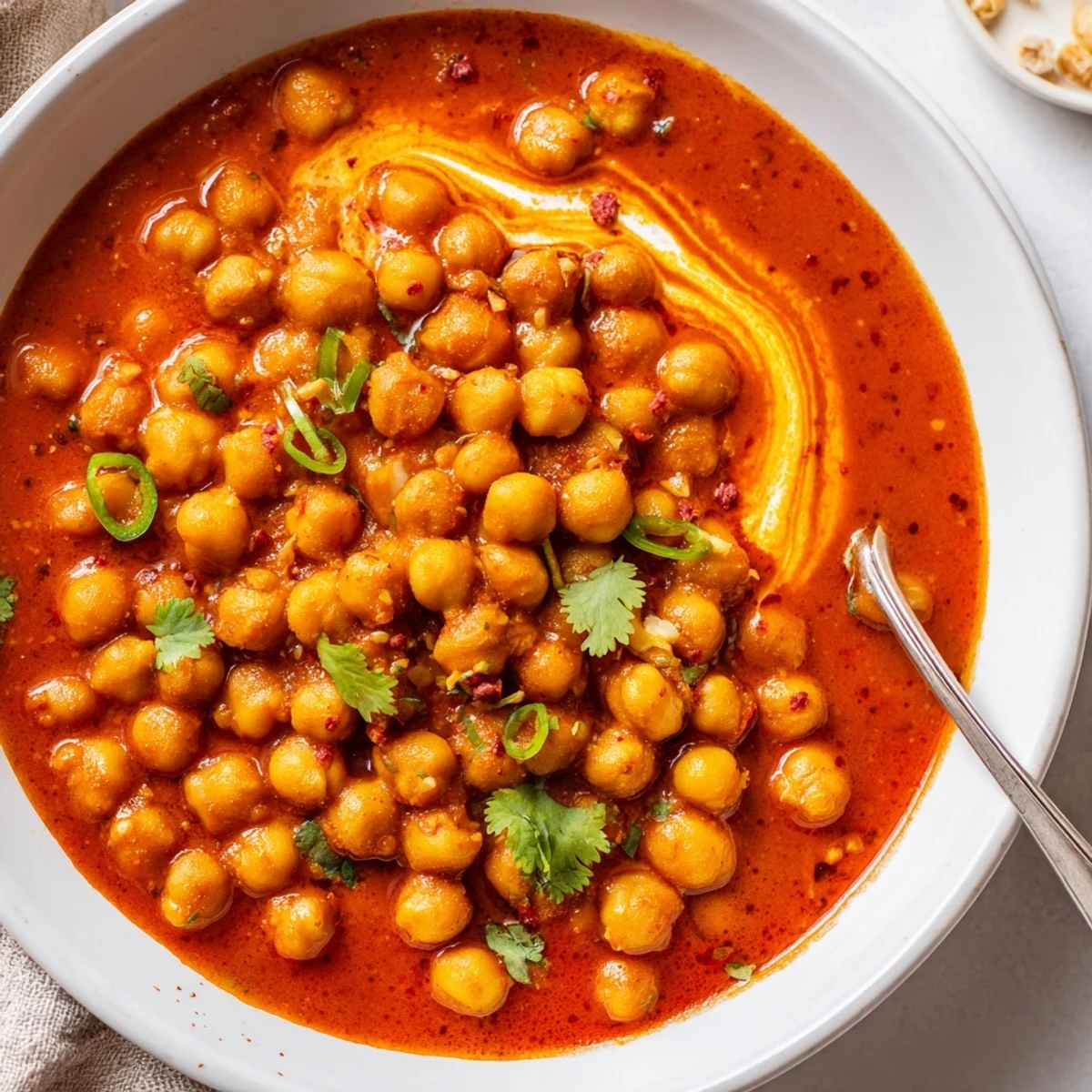 Creamy Greek Yogurt Chickpea Curry steaming in skillet, garnished with cilantro