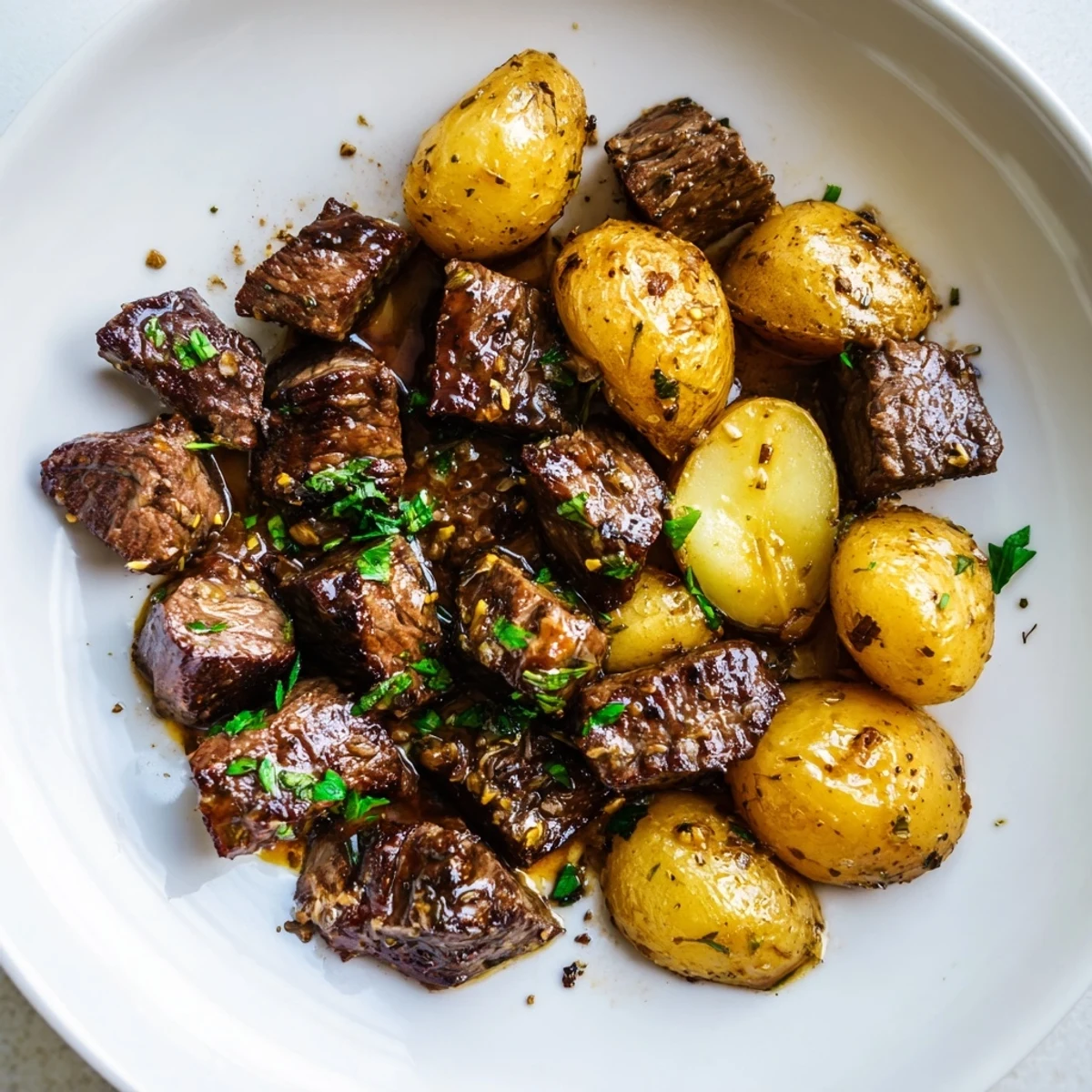 Garlic Steak Bites and Potatoes Recipe tossed in garlic-butter, skillet-ready, served with lemon