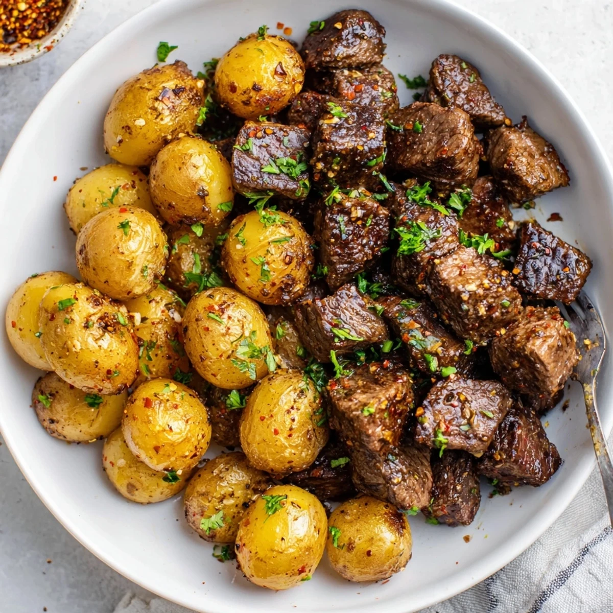 Garlic Steak Bites and Potatoes Recipe plated steaming with golden crust and parsley