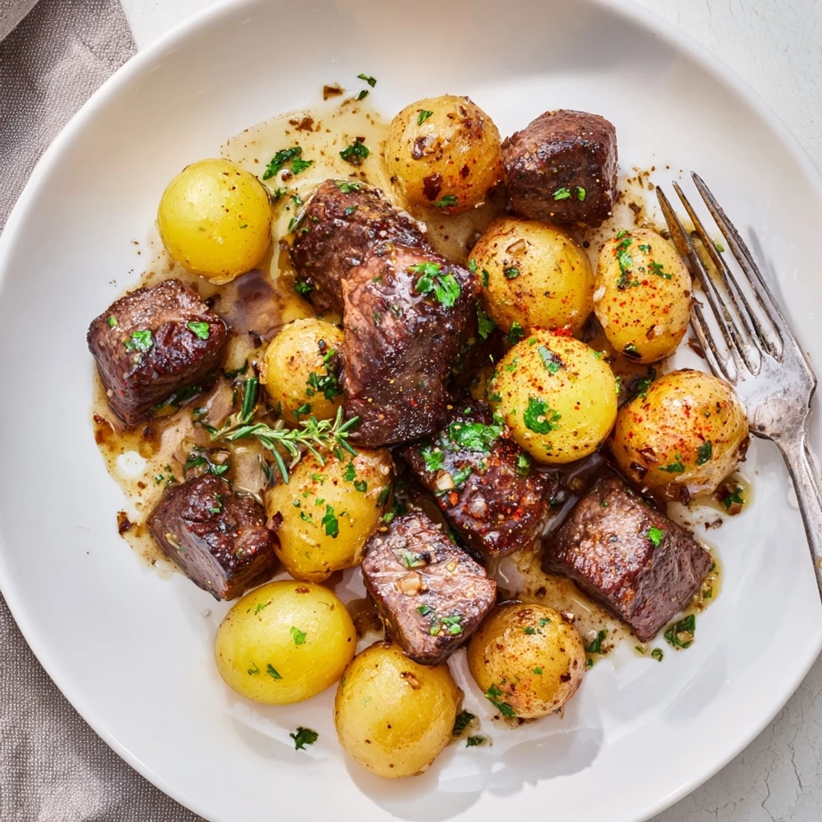 Garlic Steak Bites and Potatoes Recipe served family-style, garlicky butter aroma, parsley garnish
