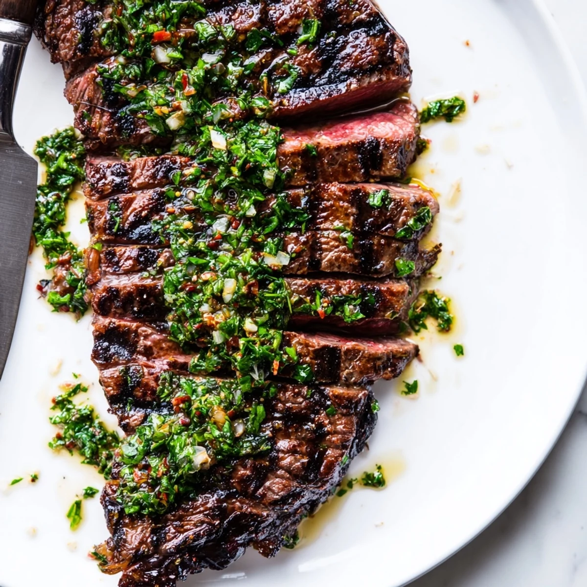 Chimichurri Steak Recipe showcasing juicy grilled ribeye with charred edges, glossy sauce