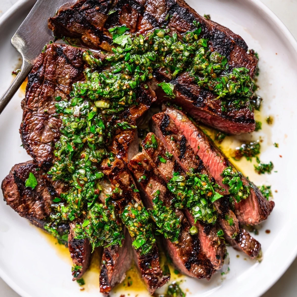 Weeknight Chimichurri Steak Recipe sliced medium-rare, bright herb sauce spooned generously