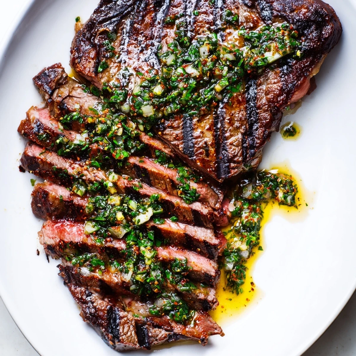 Grilled Chimichurri Steak Recipe plated with lemon wedge, garlic aroma and parsley