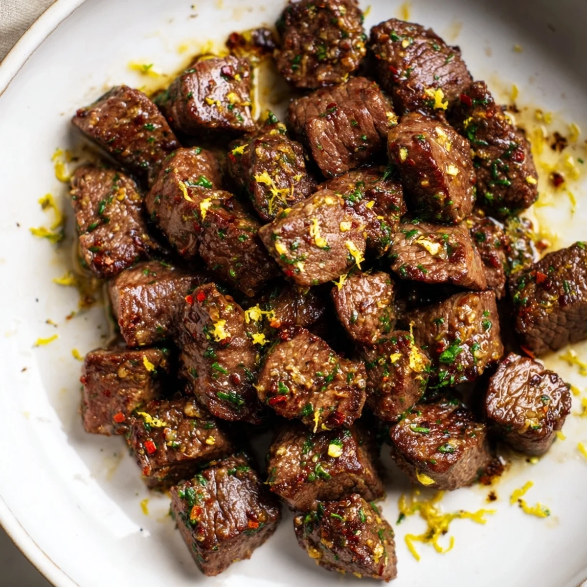 Cowboy Butter Steak Bites sizzling in skillet, golden sear and herb-speckled sauce